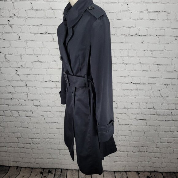 London Fog Black Double Breasted Buttoned Belted Pleated Long Trench Coat 6 - Picture 15 of 16